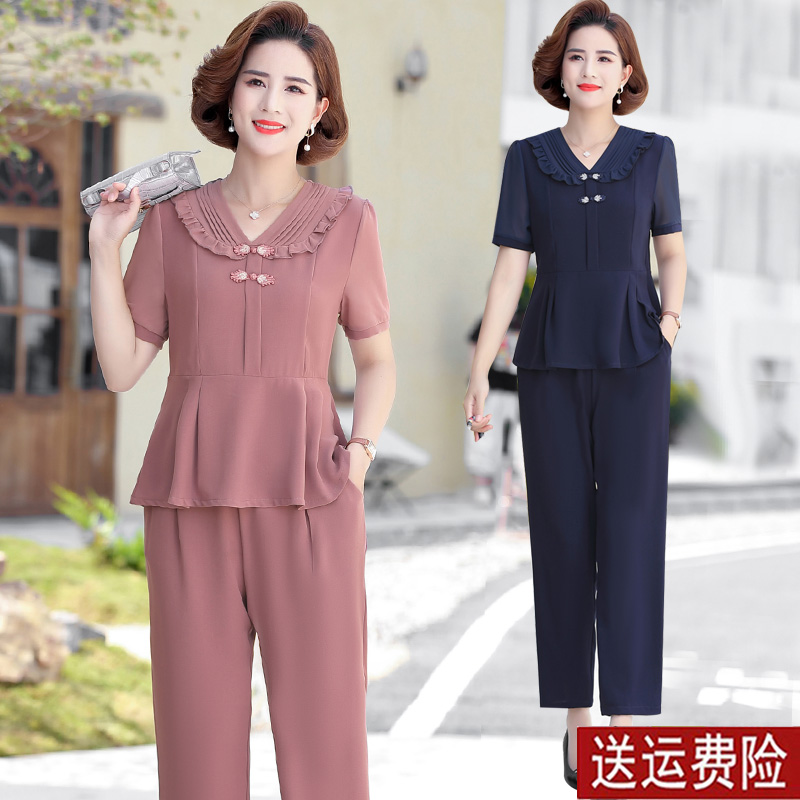 中年妈妈夏装套装洋气雪纺t恤减龄上衣40岁50中老年女短袖两件套