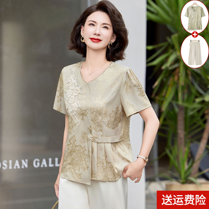 母亲节衣服妈妈夏装短袖气质上衣中老年女装夏季高端刺绣小衫套装