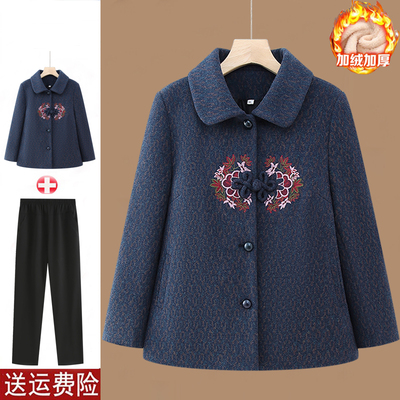 奶奶装秋冬毛呢外套绣花妈妈装女