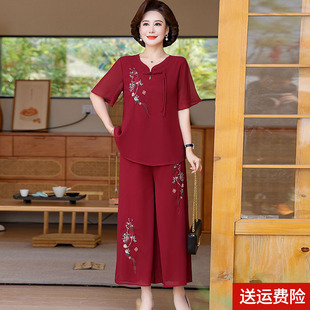妈妈夏装2026新款套装女中老年T恤奶奶装雪纺婆婆夏季短袖中国风