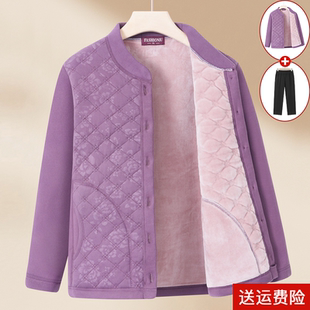 中年妈妈装加绒外套女装内搭开衫保暖加厚上衣中老年人打底小棉袄
