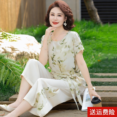 妈妈装夏季短袖雪纺套装国风洋气