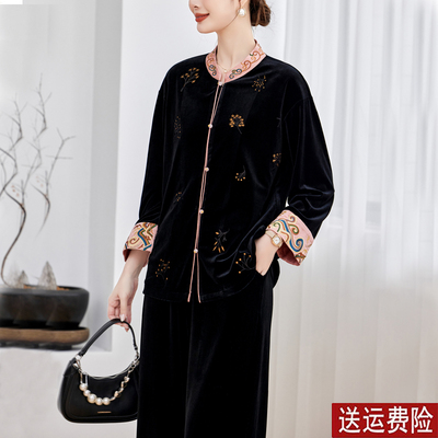 妈妈装春秋金丝绒套装洋气裤子女
