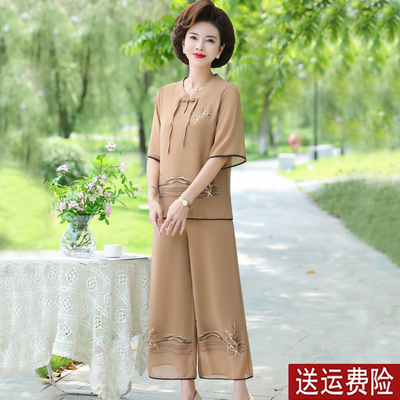 妈妈装夏装时尚短袖绣花雪纺套装