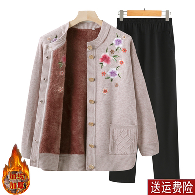 奶奶装秋冬加绒加厚绣花毛衣外套