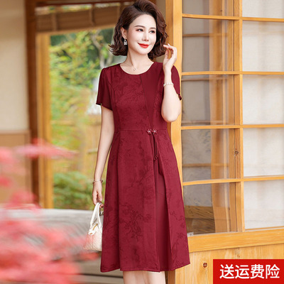 妈妈装春夏时尚短袖连衣裙纯色女
