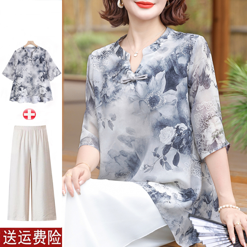 母亲节妈妈夏装雪纺小衫中老年女中式国风套装夏季大码薄t恤上衣