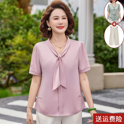 妈妈夏雪纺短袖t恤女薄小衫套装
