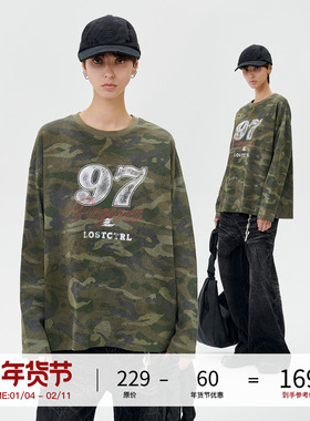 LOSTCTRL 初秋新款美式复古迷彩数字印花宽松圆领长袖T恤男女同款