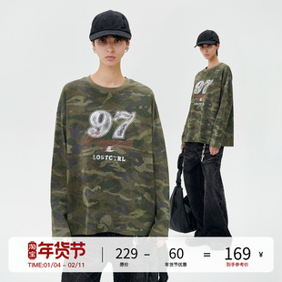 LOSTCTRL 初秋新款美式复古迷彩数字印花宽松圆领长袖T恤男女同款
