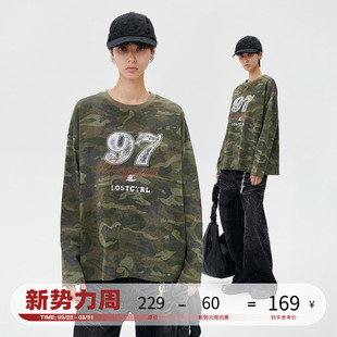 T恤男女同款 LOSTCTRL 复古迷彩数字印花宽松圆领长袖 美式 初秋新款