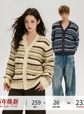 LOSTCTRL 条纹开衫毛衣 秋冬季慵懒感深V设计复古宽松情侣针织衫