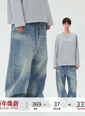 LOSTCTRL 美式复古泼墨破坏设计水洗直筒宽松廓形蓝色休闲牛仔裤