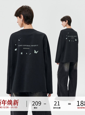 LOSTCTRL 背后蝴蝶印花长袖T恤国潮牌美式复古宽松圆领长袖上衣男