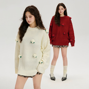 LOSTCTRL 慵懒感小花毛衣 秋冬季趣味设计感圆领松弛套头针织衫