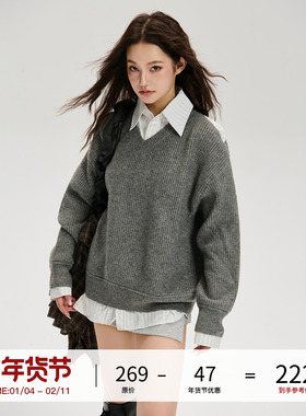 LOSTCTRL 秋冬新款基础学院风慵懒高级感浅灰色V领宽松毛衣上衣