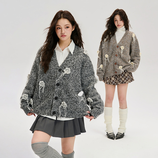 LOSTCTRL 秋季复古花卉编织设计感杂纱宽松慵懒松弛感V领开衫毛衣