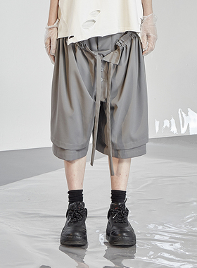 LOSTCTRL灰色网红假两件短裤夏季男女国潮牌休闲宽松薄款五分裤子