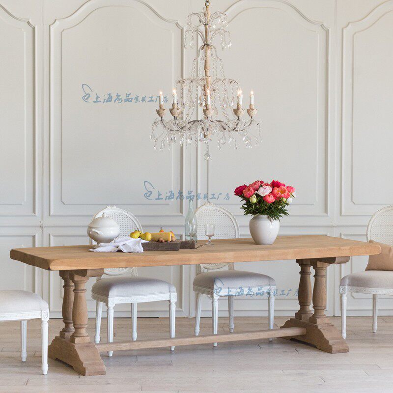 美式乡村实木复古做旧餐桌法式奢华橡木长方形餐桌椅组合别墅定制