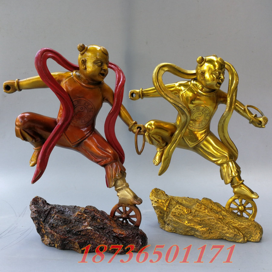 纯铜三太子护法铜像中坛元帅陈塘关李哪吒闹海黄铜器家居桌面摆件