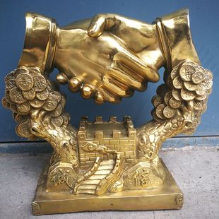 吉祥铜器纯铜诚信握手铜手家居饰品办公室工艺品桌面摆件招贵人