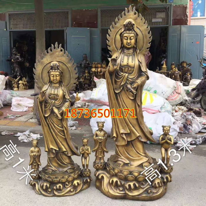 特大号纯铜送子观音童子观音金童玉女观音铜像滴水观世音佛像铜器