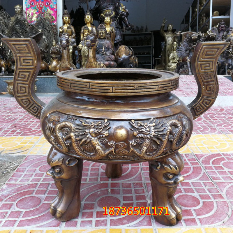 大号香炉纯铜双龙戏珠香炉 鼎炉 镇宅聚财香炉风水铜器工艺品摆件