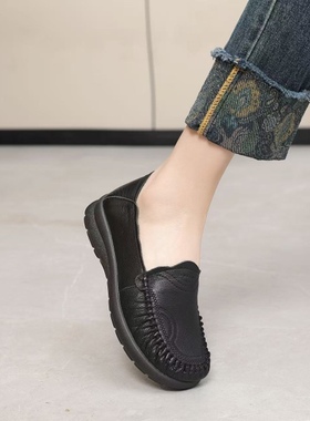 冰洁女鞋2025秋季新款真皮平底圆头休闲皮鞋软底妈妈鞋262-57103