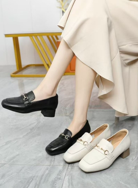 冰洁女鞋2025春季新款真皮单鞋低跟粗跟方头皮鞋百搭乐福鞋88322