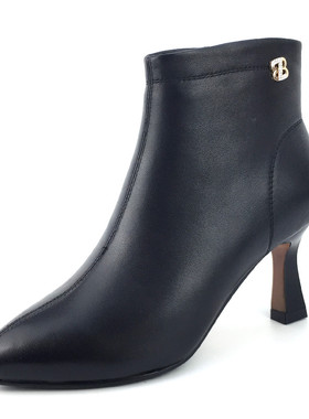 冰洁女鞋2024秋冬新款真皮细跟高跟女靴尖头马丁短靴棉靴80976-35