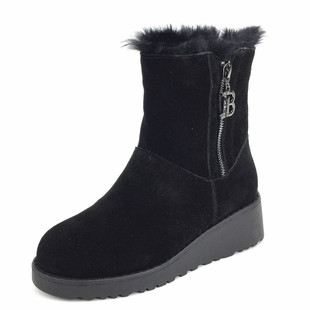 冰洁女鞋2024冬季新款磨砂真皮女靴坡跟短靴雪地靴加绒棉靴38