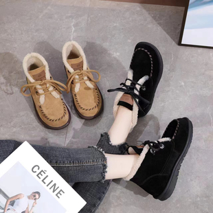 凤飞飞女鞋2024冬季新款真皮圆头短筒靴休闲雪地靴加绒棉靴89136