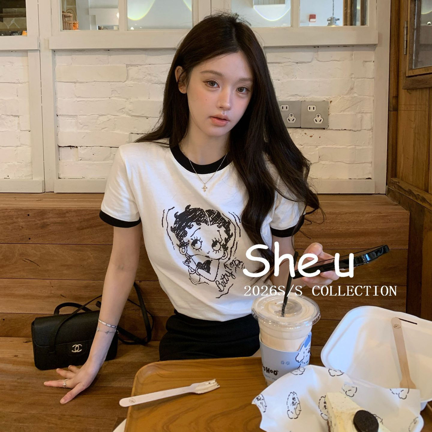 韩系简约风卡通印花撞色小衫2026夏季新款百搭休闲T恤