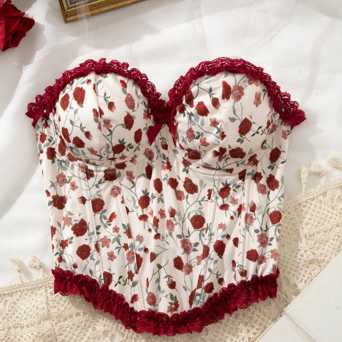 新款鱼骨胸衣欧美性感牛奶丝印花甜美蕾丝拼接内搭外穿胸衣,女士内衣/男士内衣/家居服,少女文胸,淘宝优惠券,粉丝福利购,淘宝优惠卷