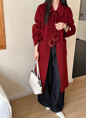 2026冬新年圣诞款系带双面羊毛大衣女狐狸毛球长款羊毛毛呢外套