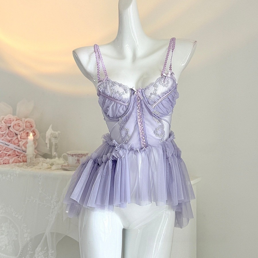 2025新款性感睡衣女小胸带钢圈聚拢纯欲风蕾丝芭蕾吊带睡裙