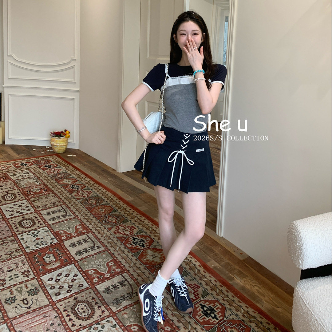 韩系学院风绑带高腰百褶裙2026夏季新款显瘦百搭A字裙