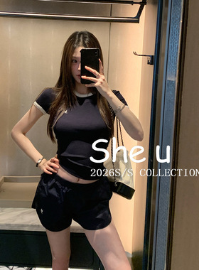 SHE U十三行韩系少女风撞色刺绣针织短袖2026夏季新款修身百搭T恤