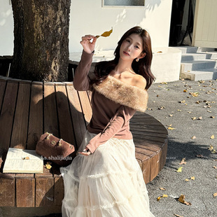 漏香肩毛毛领一字肩针织T恤长袖修身露肩抹胸辣妹上衣