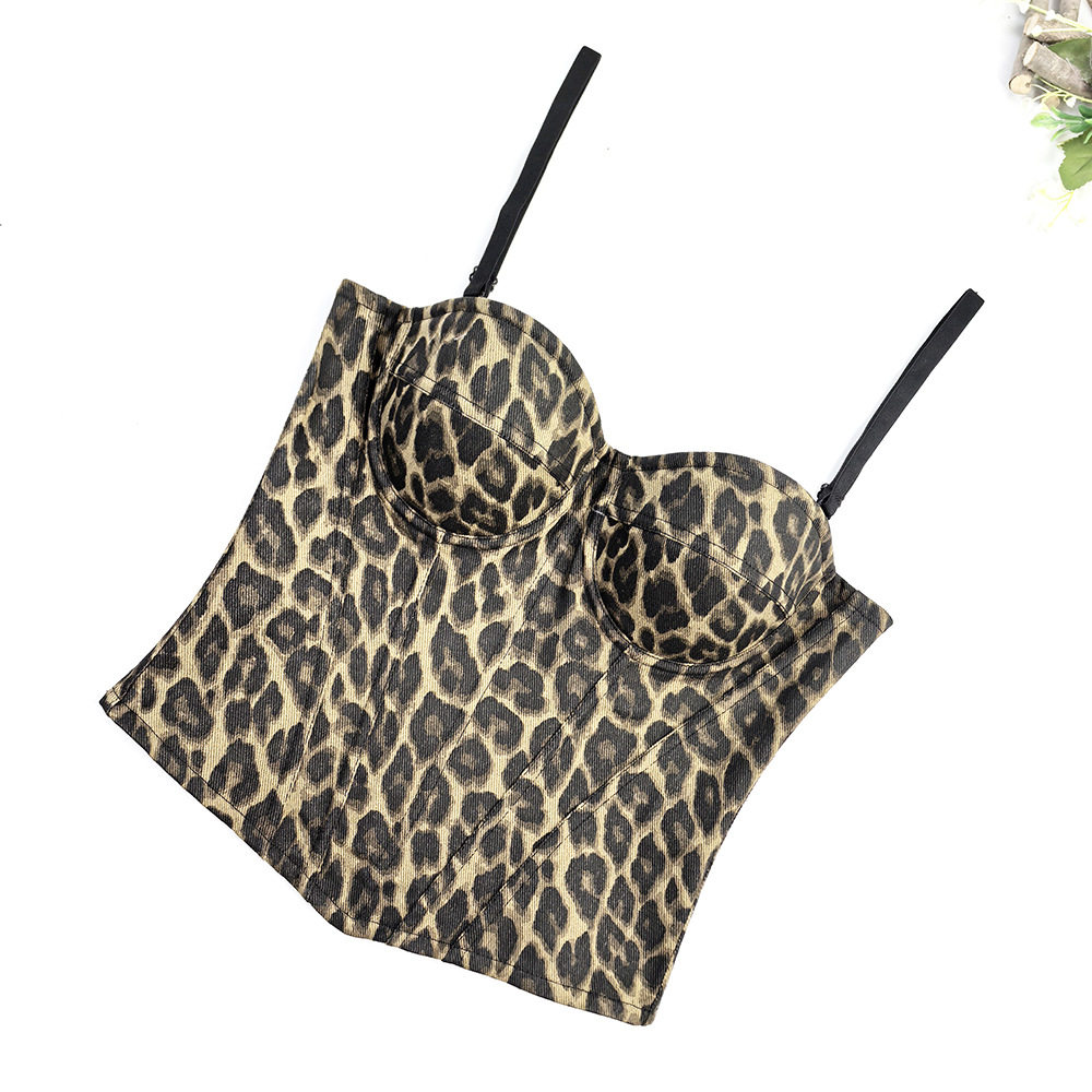 辣妹性感印花豹纹内衣复古牛仔细肩带抹胸外穿胸衣鱼骨上衣高级感