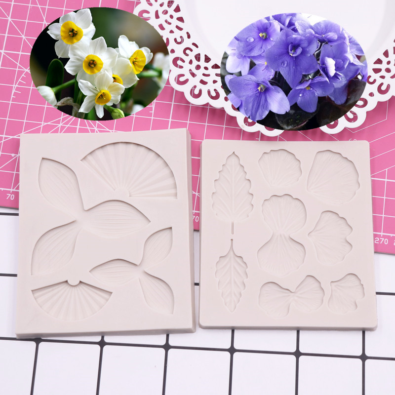 硅胶模具 水仙花三色堇紫罗兰花叶子翻糖蛋糕模具 树脂粘土花模具