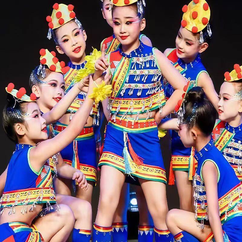 儿童款小荷风采嘎洒江边小花腰儿童演出服傣族舞蹈表演服饰铃铛款