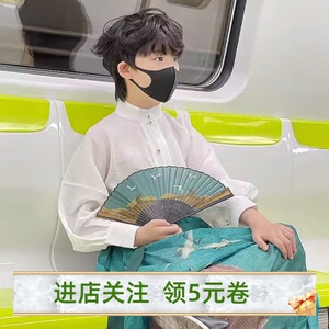 男童马面裙汉服套装儿童古风原创高端长袖瑞鹤青绿色半身裙演出服