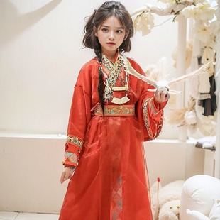 女童汉服古装春秋战国袍直踞儿童中国风端庄大气朱丹橘红表演服装