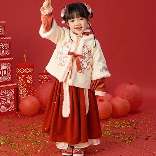 兔子可爱 过年唐装 汉服女童明制长裙套装 小女孩喜庆红拜年服新年装