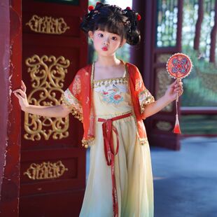 女童汉服连衣裙夏季撞色几何图案民族服饰公主裙渡假风云南瑞丽风