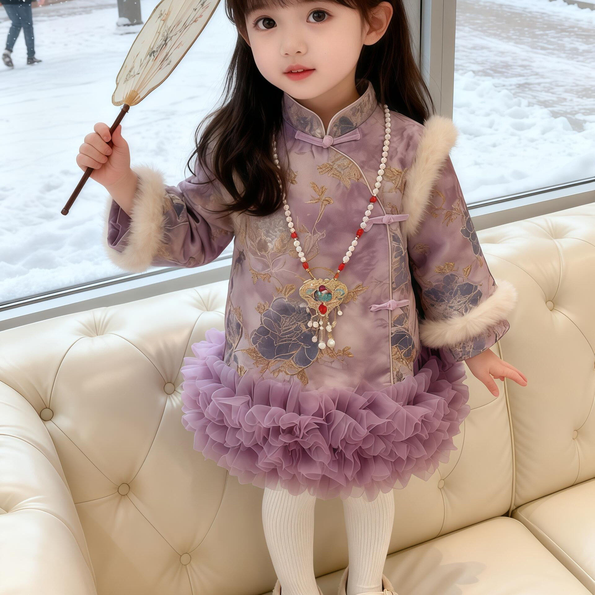 中国风牡丹花刺绣旗袍裙女宝宝冬季加厚网纱蓬蓬裙洋气古风拜年服