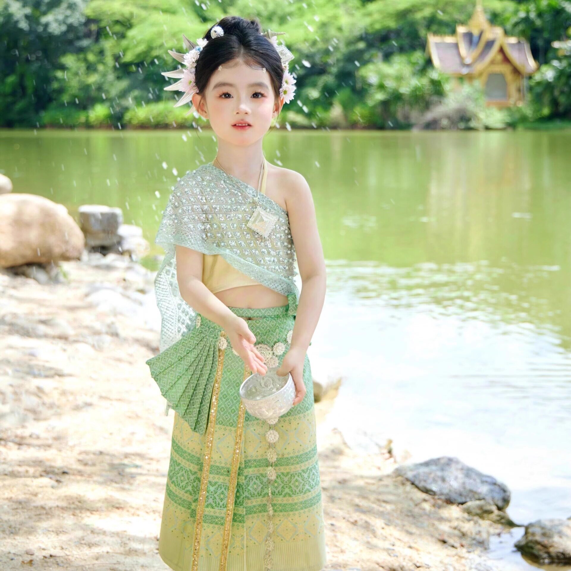 女童汉服中国风儿童古装小娘惹傣族公主民族绿色裙舞蹈表演服傣族