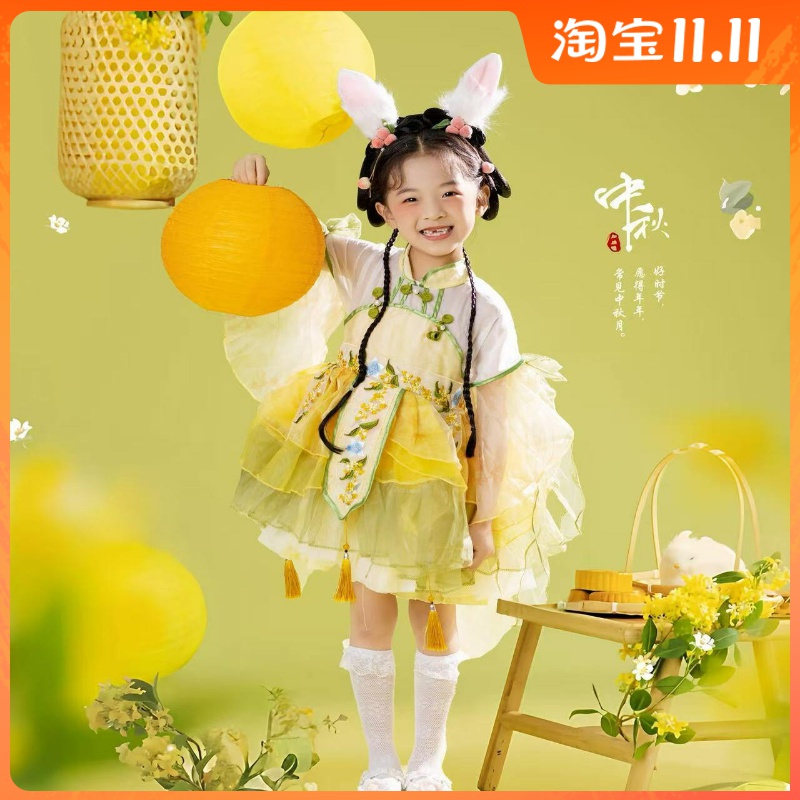 女童汉服国风古装精灵儿童连衣超短连衣裙新中式演出服洛丽塔青绿