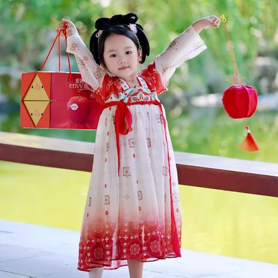 女童汉服儿童国风连衣裙半袖刺绣高端古装唐代红色表演服中秋国庆